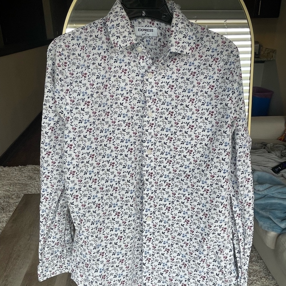 Express Men's White Floral Button-Down Shirt
